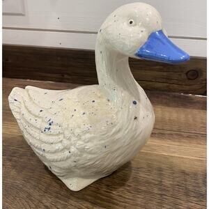 Vintage Ceramic White Duck Goose Figurine 8"H Speckled Blue